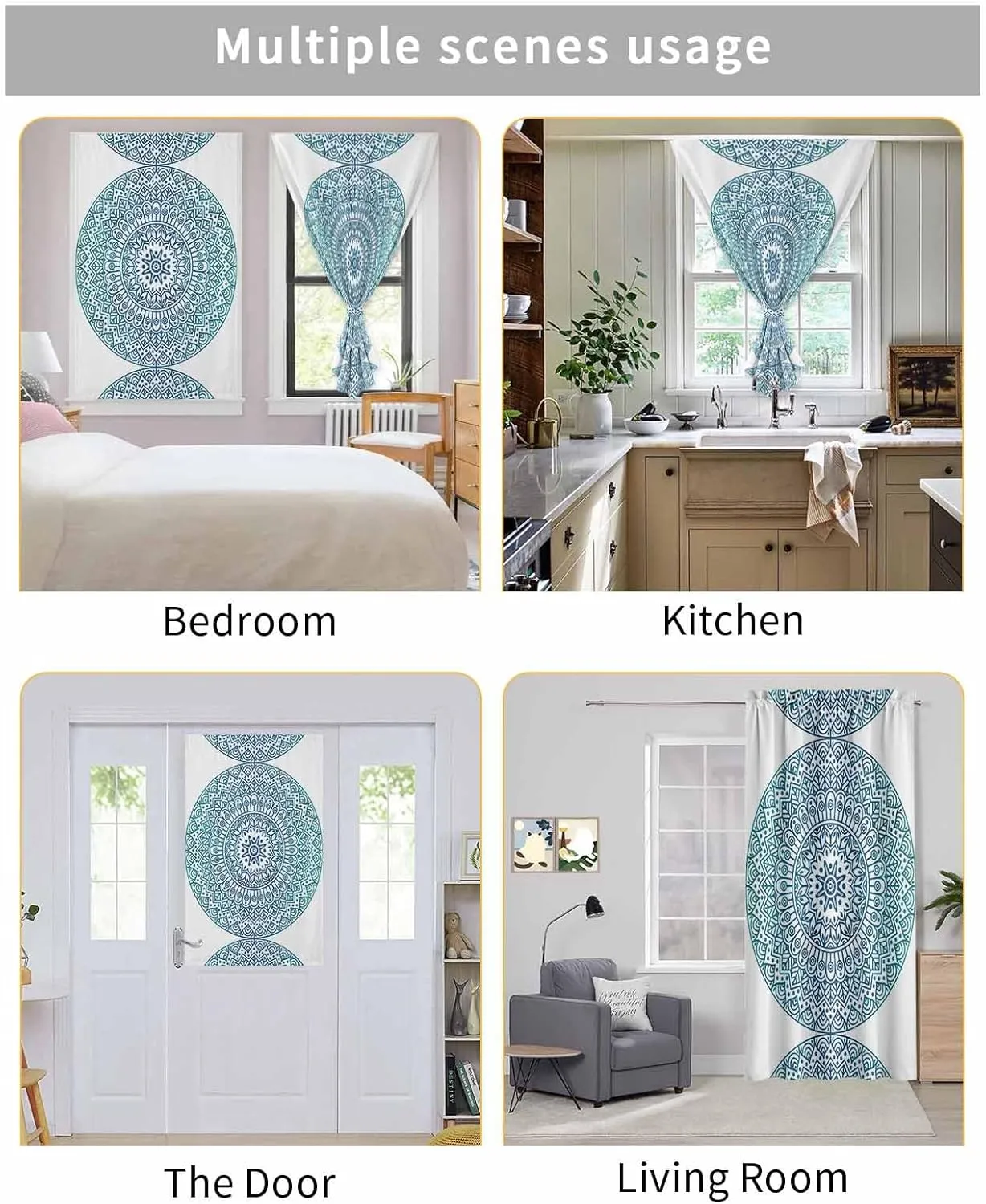 Turquoise Boho Self Adhesive Blackout Curtains with Tiebacks,Portable Rod Pocket Living Room Darkening Curtains,Retro Ethnic Teal Geometric Aesthetic Thermal Insulated Windows Cover,35Wx63H