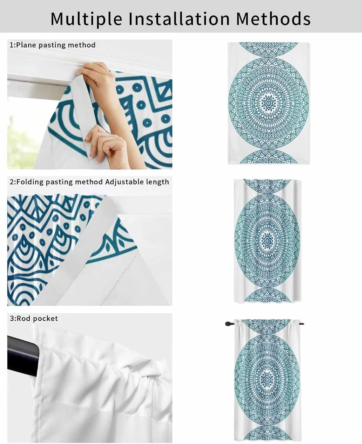 Turquoise Boho Self Adhesive Blackout Curtains with Tiebacks,Portable Rod Pocket Living Room Darkening Curtains,Retro Ethnic Teal Geometric Aesthetic Thermal Insulated Windows Cover,35Wx63H