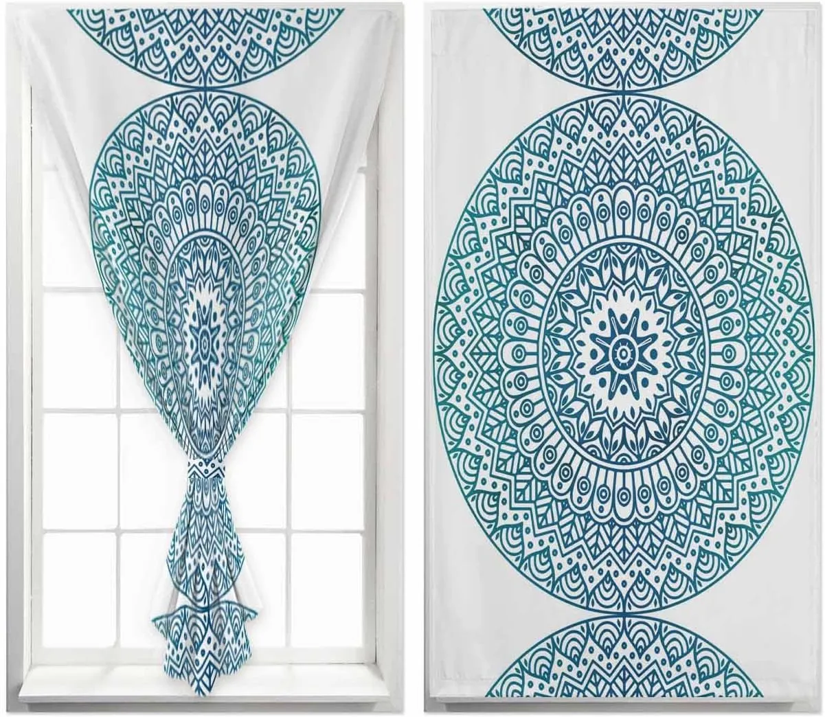 Turquoise Boho Self Adhesive Blackout Curtains with Tiebacks,Portable Rod Pocket Living Room Darkening Curtains,Retro Ethnic Teal Geometric Aesthetic Thermal Insulated Windows Cover,35Wx63H
