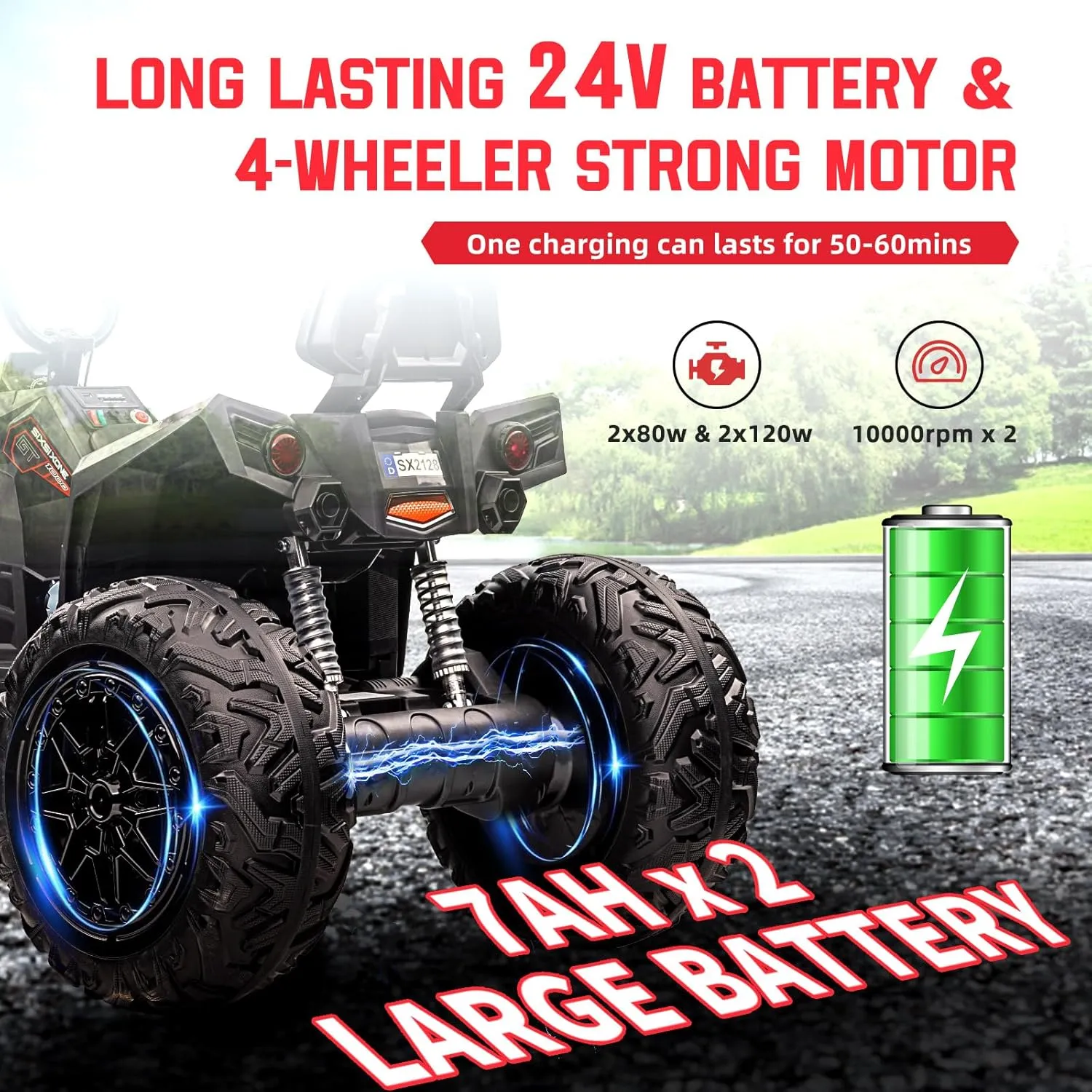 Two Seater 24V Kids ATV, 4x4 Kids Electric 4 Wheeler Quad Ride on Car Toy with 4x200W Motor, 5mph Max Speed, w/LED Lights, EVA Tires, Music, Horn, Battery Powered Electric Vehicle, Black