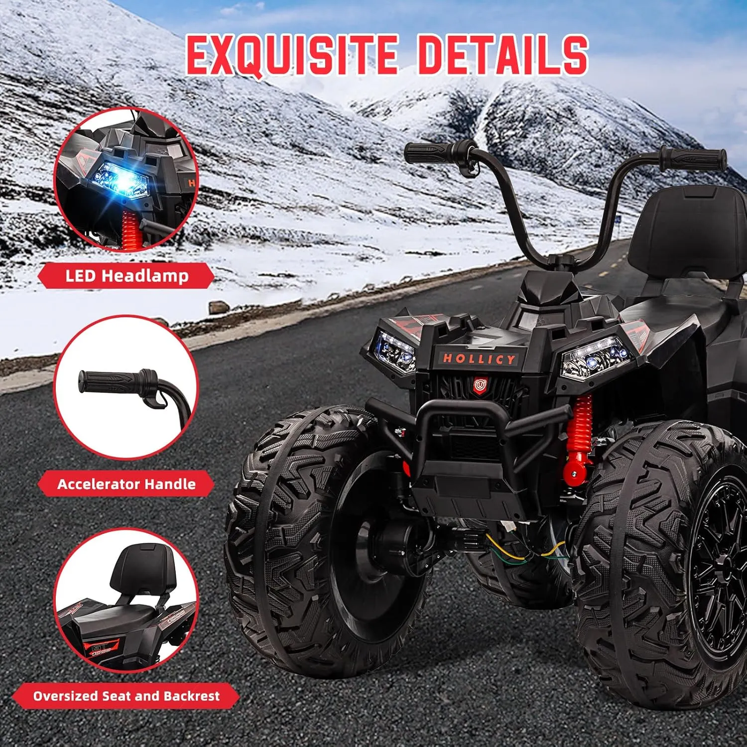 Two Seater 24V Kids ATV, 4x4 Kids Electric 4 Wheeler Quad Ride on Car Toy with 4x200W Motor, 5mph Max Speed, w/LED Lights, EVA Tires, Music, Horn, Battery Powered Electric Vehicle, Black