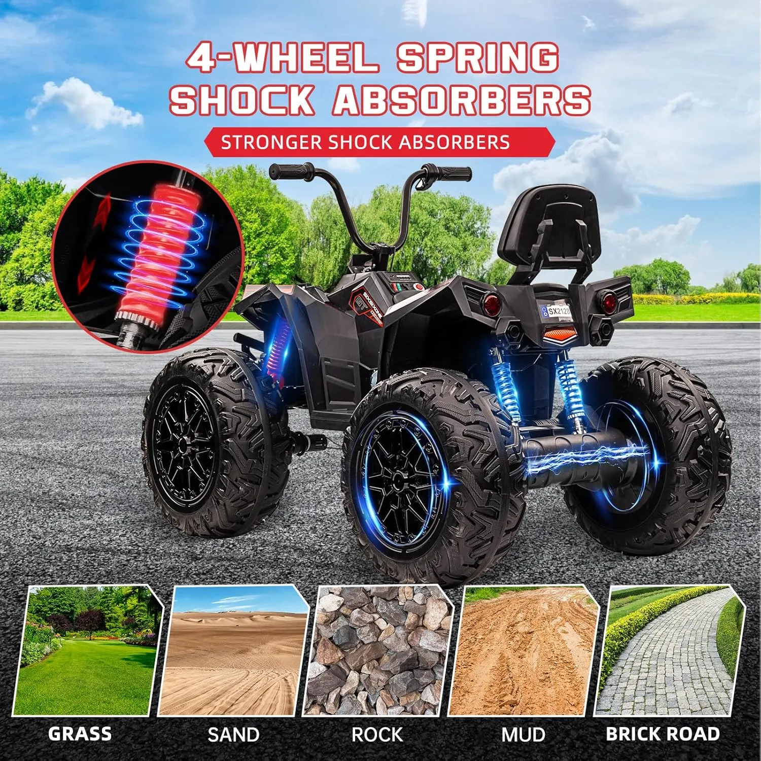 Two Seater 24V Kids ATV, 4x4 Kids Electric 4 Wheeler Quad Ride on Car Toy with 4x200W Motor, 5mph Max Speed, w/LED Lights, EVA Tires, Music, Horn, Battery Powered Electric Vehicle, Black