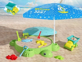 Upgraded Kids Turtle Sandbox with Lid & Adjustable Umbrella, Truck Toy & 8pcs Sand Shovels, Sand Box with Cover, Beach Toys for Toddlers 3-5, Plastic Indoor Outdoor Play Toys Gift for Girls Boys