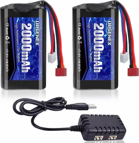 URGENEX 2000mAh 7.4 V Li-ion Battery with Dean-Style T Plug 2S Rechargeable RC Battery Fit for WLtoys 4WD High Speed RC Cars and Most 1/10, 1/12, 1/16 Scale RC Cars Trucks with 7.4V Battery Charger