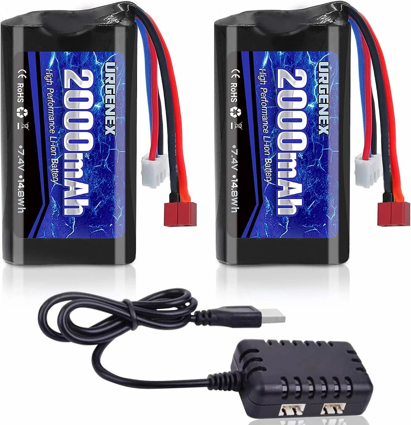 URGENEX 2000mAh 7.4 V Li-ion Battery with Dean-Style T Plug 2S Rechargeable RC Battery Fit for WLtoys 4WD High Speed RC Cars and Most 1/10, 1/12, 1/16 Scale RC Cars Trucks with 7.4V Battery Charger