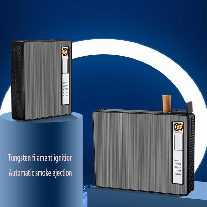 USB Rechargeable Cigarette Case Lighter, Windproof Lighter, Electronic Tungsten Automatic Pop-up Cigarette Case Portable 20 Pieces (No Gas)(Black2)