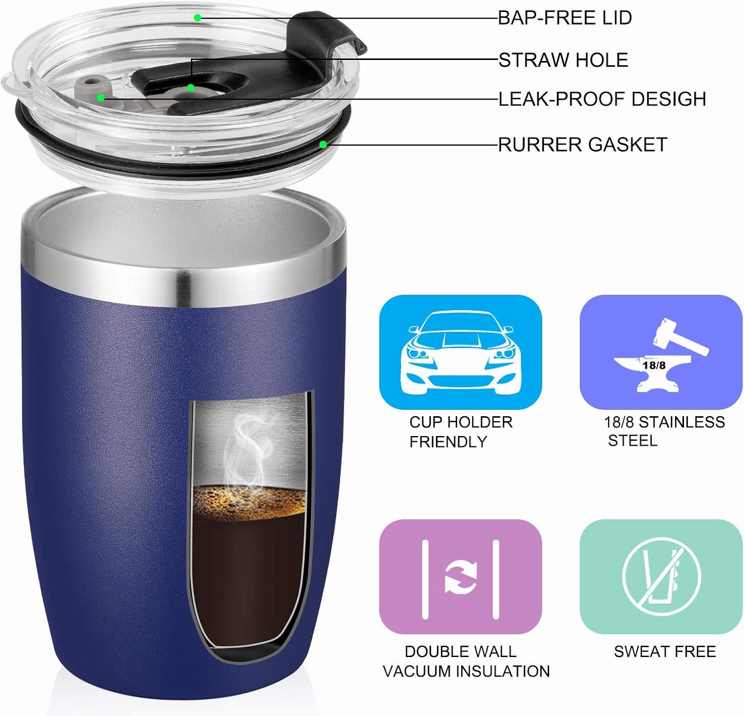 VEGOND Stainless Steel 12 oz Tumblers bulk Vacuum Insulated Double Wall Travel Tumbler with Lid and Straw Reusable Tumbler,Navy Blue 12 pack