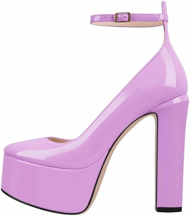 VERISSON Round Toe Mary Jane Adjustable Buckle Strap Platform Chunky Heels Pumps Patent Leather High Heel Party Shoes