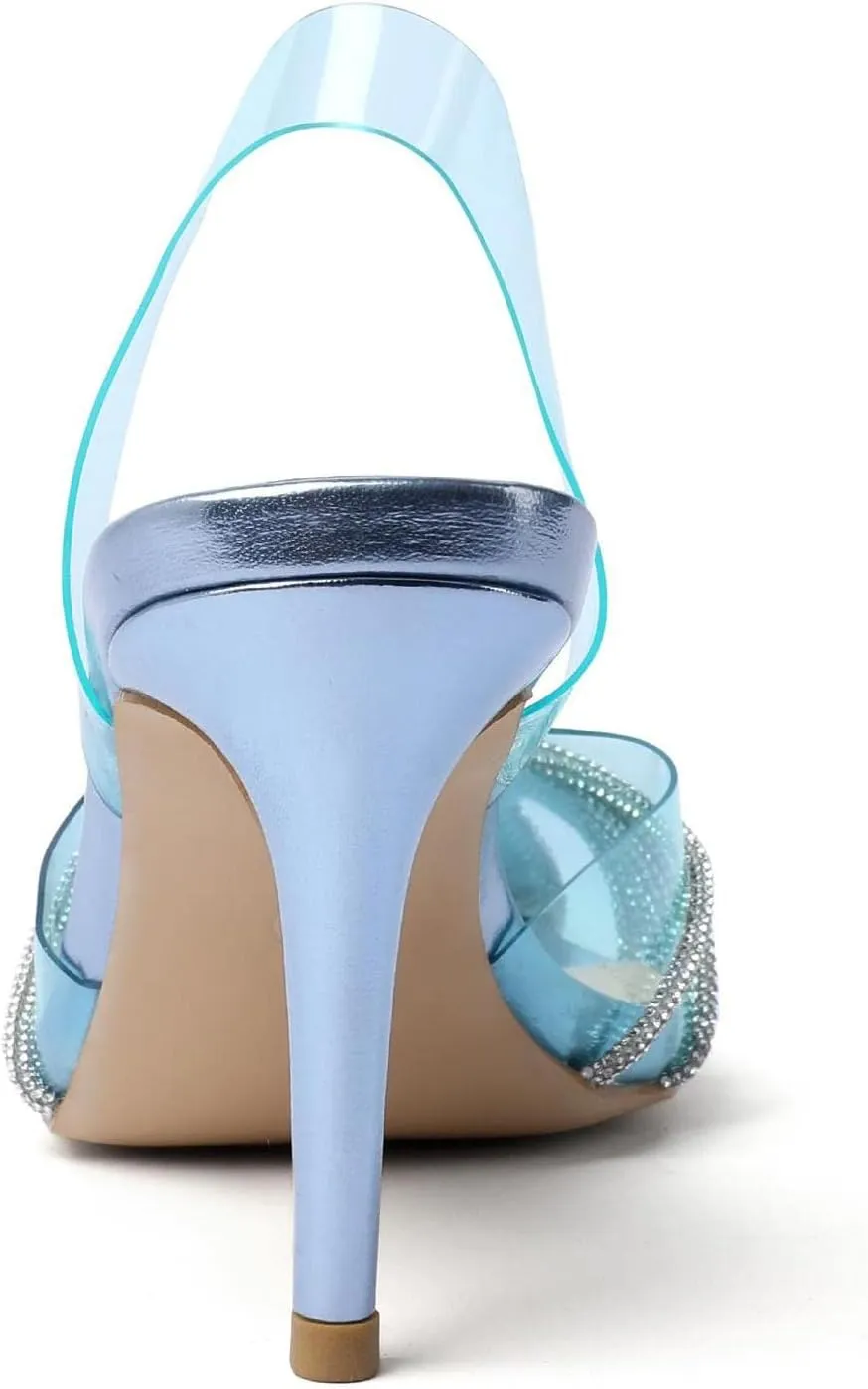 Vertundy Women's Mid heel Mule Sandals Pointed Toe Rhinestones Heels Clear PVC Stiletto Slide Slipper Crystal Slip-on Strappy Pumps Dress mules