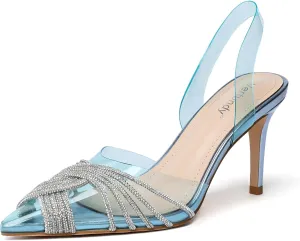 Vertundy Women's Mid heel Mule Sandals Pointed Toe Rhinestones Heels Clear PVC Stiletto Slide Slipper Crystal Slip-on Strappy Pumps Dress mules