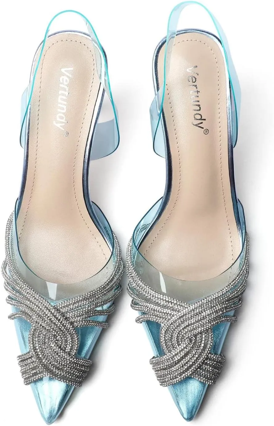 Vertundy Women's Mid heel Mule Sandals Pointed Toe Rhinestones Heels Clear PVC Stiletto Slide Slipper Crystal Slip-on Strappy Pumps Dress mules
