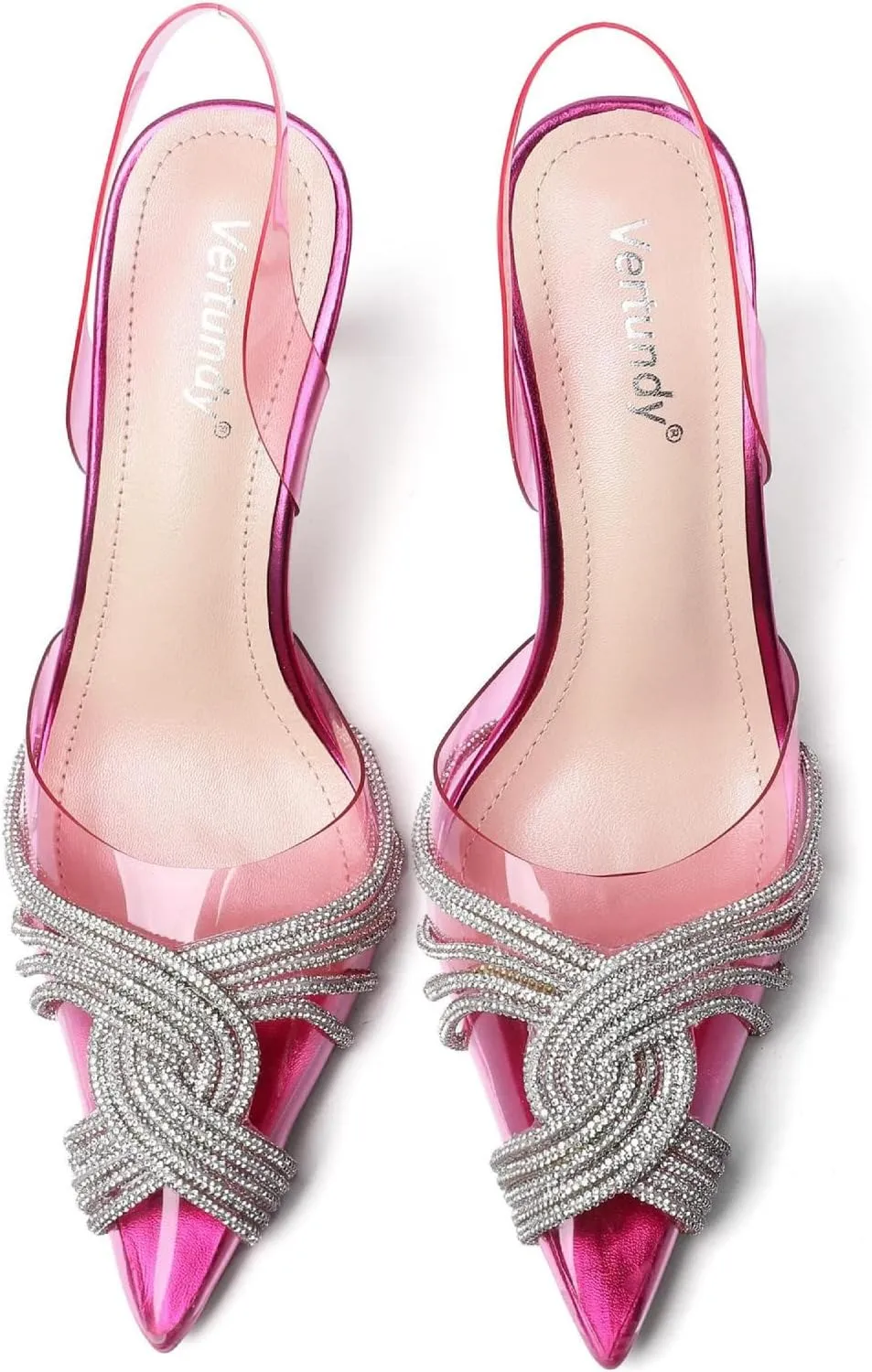 Vertundy Women's Mid heel Mule Sandals Pointed Toe Rhinestones Heels Clear PVC Stiletto Slide Slipper Crystal Slip-on Strappy Pumps Dress mules