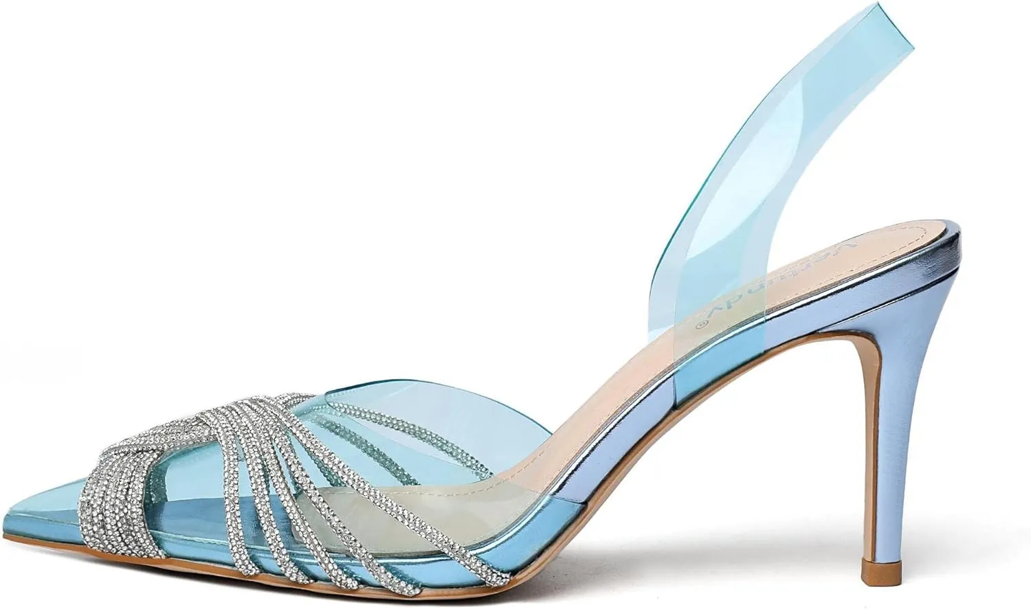 Vertundy Women's Mid heel Mule Sandals Pointed Toe Rhinestones Heels Clear PVC Stiletto Slide Slipper Crystal Slip-on Strappy Pumps Dress mules