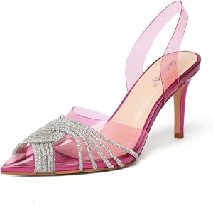 Vertundy Women's Mid heel Mule Sandals Pointed Toe Rhinestones Heels Clear PVC Stiletto Slide Slipper Crystal Slip-on Strappy Pumps Dress mules