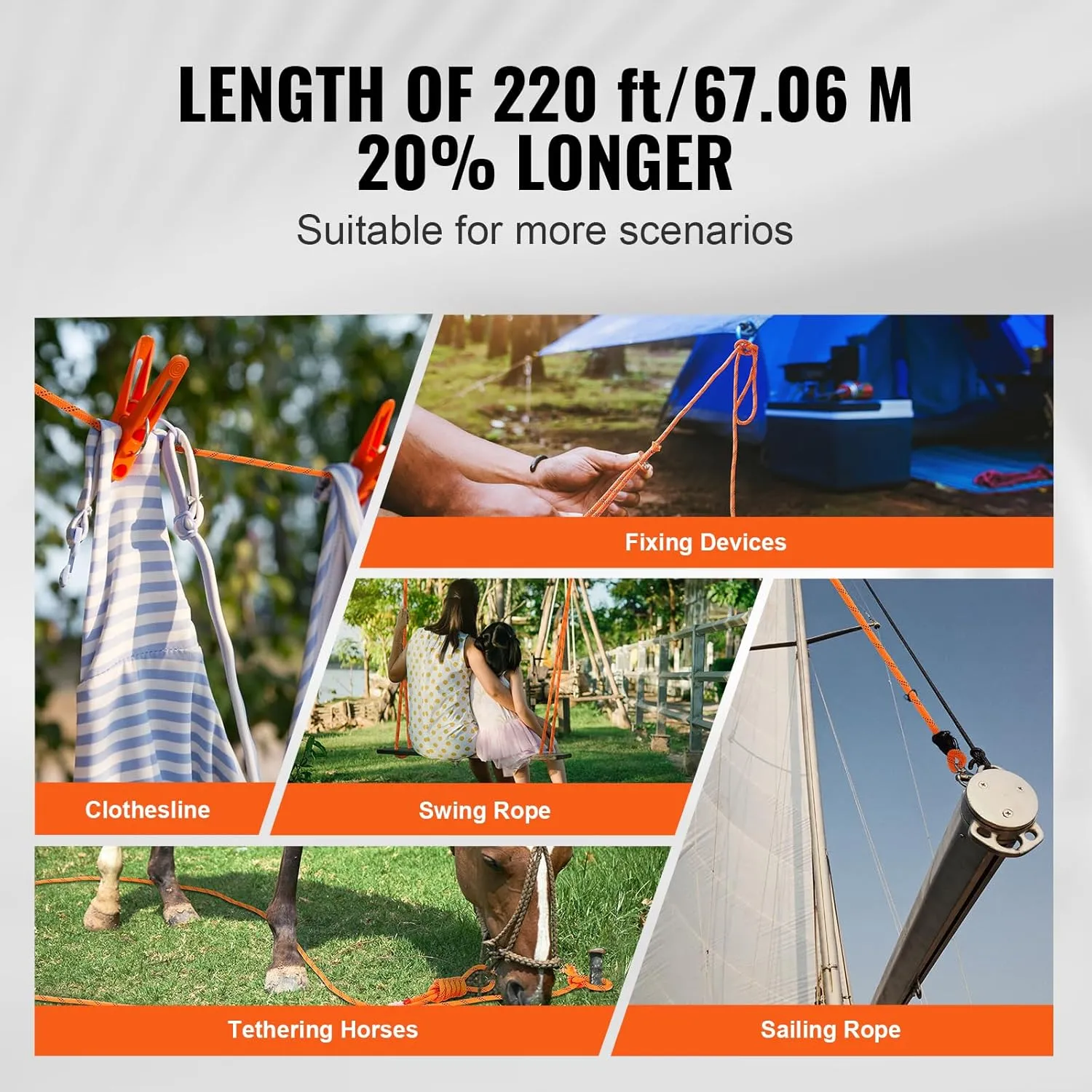 VEVOR Double Braided Polyester Rope, 1/2 in x 220 ft, 48 Strands, 8000 LBS Breaking Strength Outdoor Rope, Arborist Rigging Rope for Rock Hiking Camping Swing Rappelling Rescue, Orange/Black