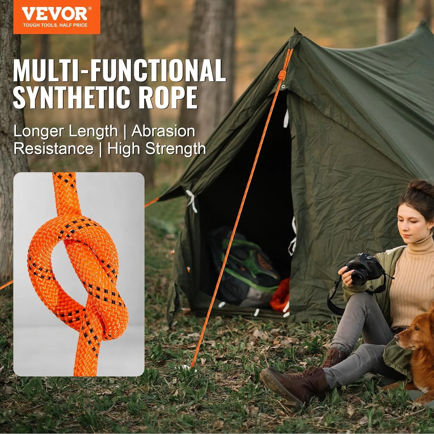 VEVOR Double Braided Polyester Rope, 1/2 in x 220 ft, 48 Strands, 8000 LBS Breaking Strength Outdoor Rope, Arborist Rigging Rope for Rock Hiking Camping Swing Rappelling Rescue, Orange/Black