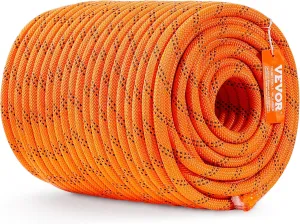 VEVOR Double Braided Polyester Rope, 1/2 in x 220 ft, 48 Strands, 8000 LBS Breaking Strength Outdoor Rope, Arborist Rigging Rope for Rock Hiking Camping Swing Rappelling Rescue, Orange/Black