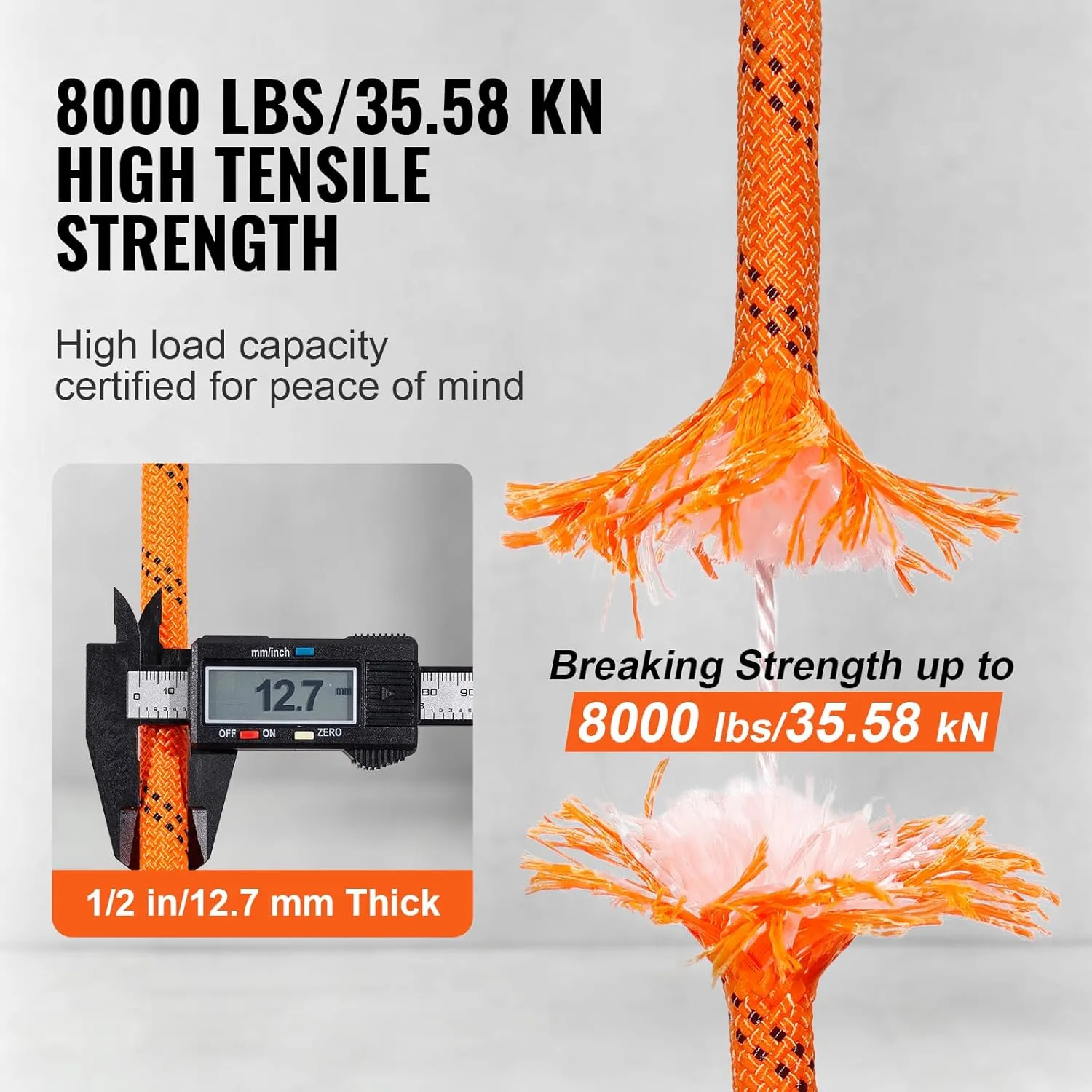 VEVOR Double Braided Polyester Rope, 1/2 in x 220 ft, 48 Strands, 8000 LBS Breaking Strength Outdoor Rope, Arborist Rigging Rope for Rock Hiking Camping Swing Rappelling Rescue, Orange/Black
