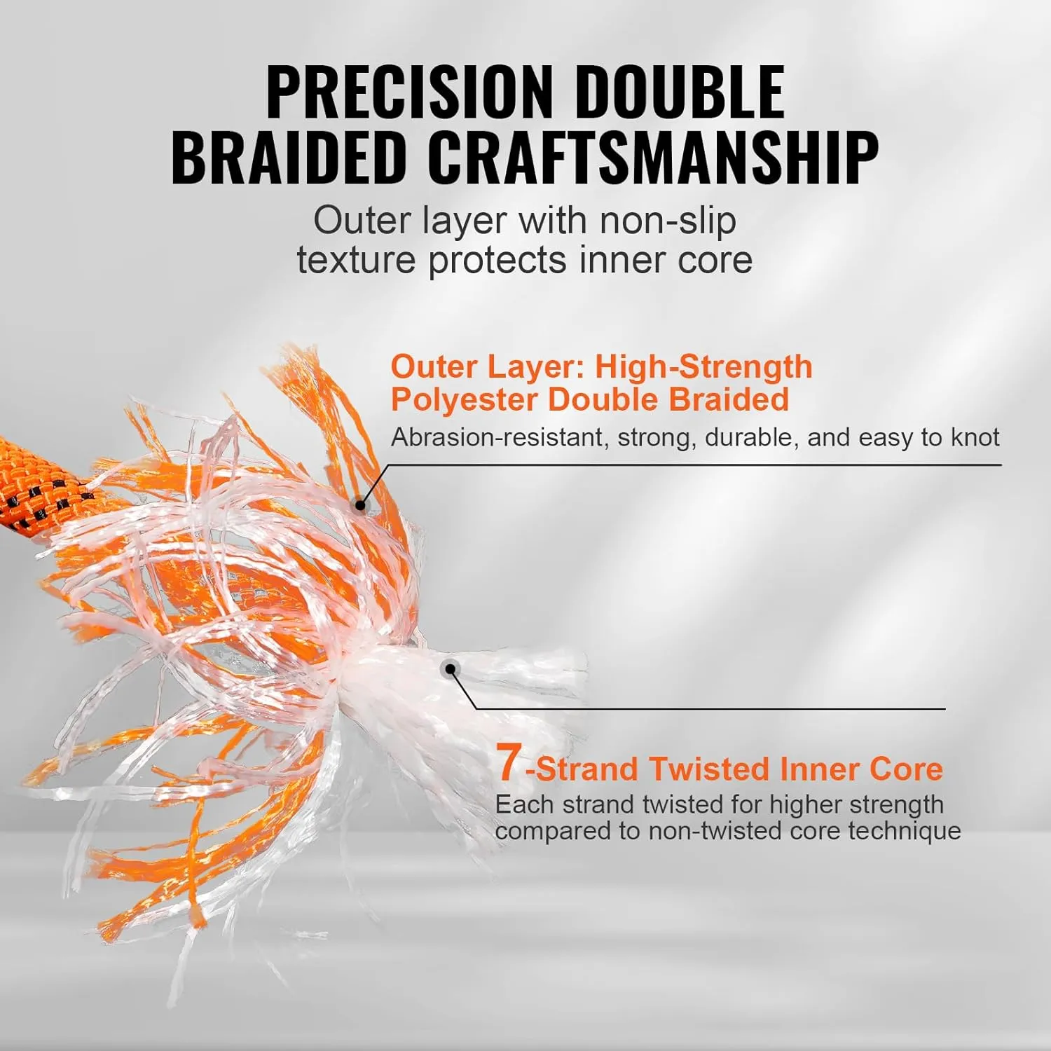 VEVOR Double Braided Polyester Rope, 1/2 in x 220 ft, 48 Strands, 8000 LBS Breaking Strength Outdoor Rope, Arborist Rigging Rope for Rock Hiking Camping Swing Rappelling Rescue, Orange/Black