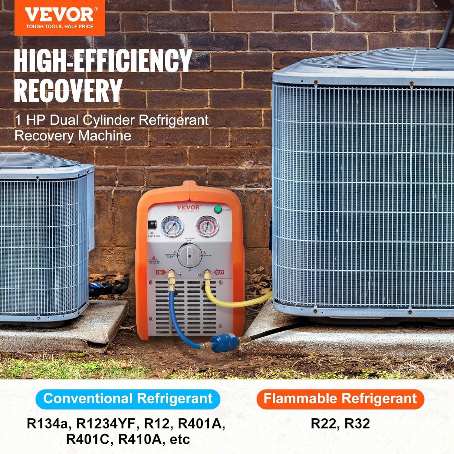 VEVOR 1 HP Refrigerant Recovery Machine - Dual Cylinder Portable AC Recovery Machine with High Pressure Protection 120V 60Hz Recovery Machine HVAC for Vapor Liquid Refrigerant, Car Air Conditioning