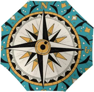 Vintage Compass Art Travel Sun & Rain Windproof Umbrella, Lightweight Portable Compact Travel Auto Folding Umbrella Golf Umbrellas for Women Men