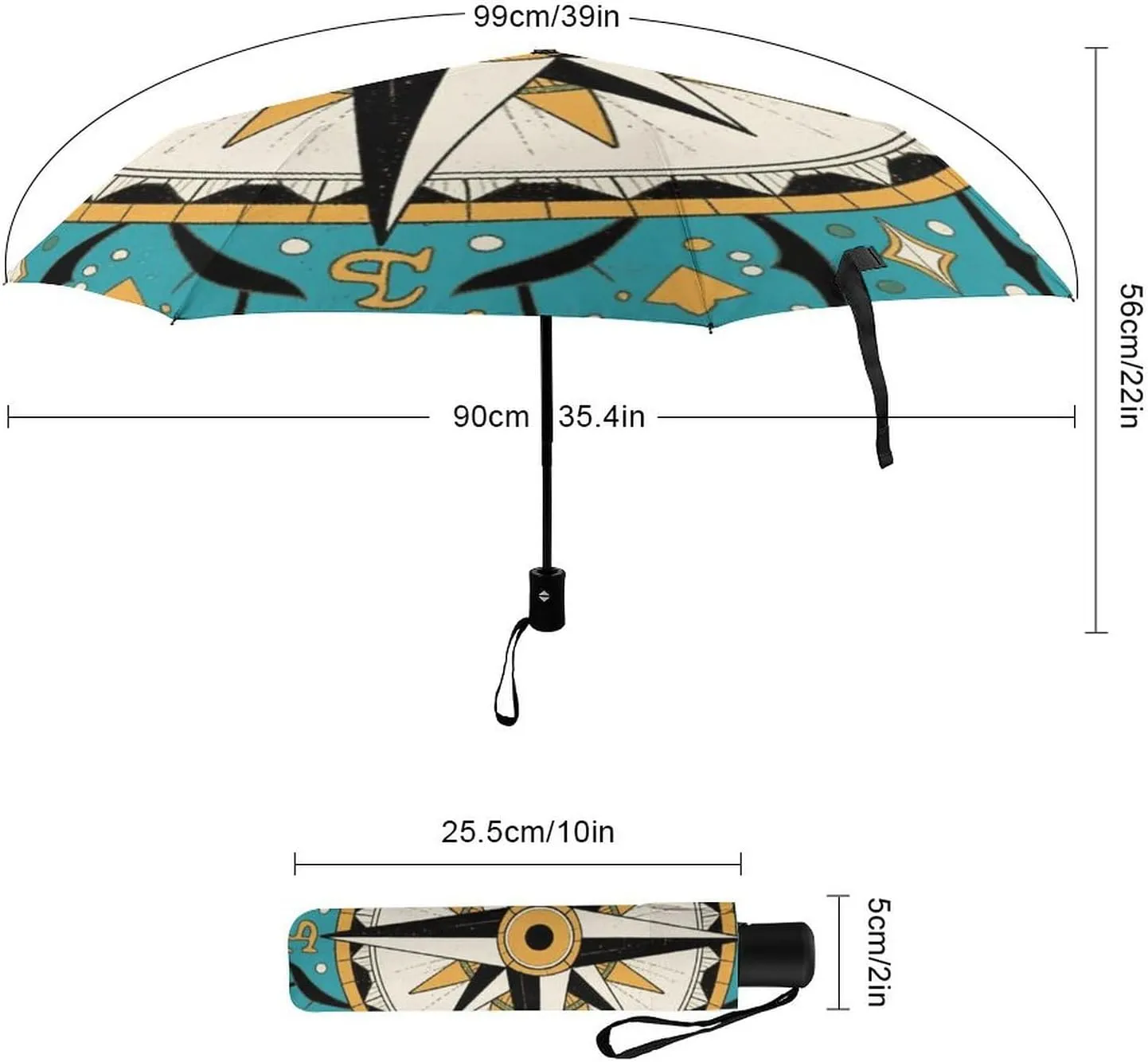 Vintage Compass Art Travel Sun & Rain Windproof Umbrella, Lightweight Portable Compact Travel Auto Folding Umbrella Golf Umbrellas for Women Men