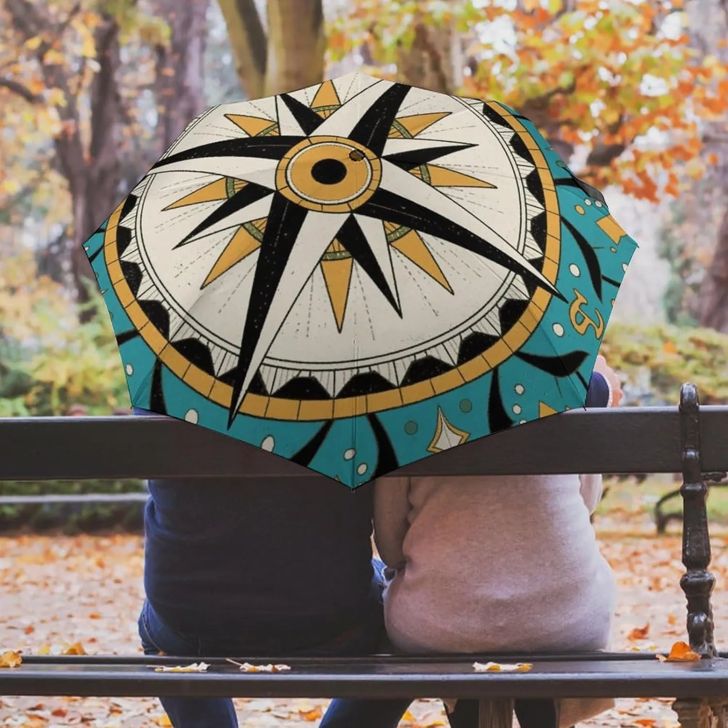 Vintage Compass Art Travel Sun & Rain Windproof Umbrella, Lightweight Portable Compact Travel Auto Folding Umbrella Golf Umbrellas for Women Men
