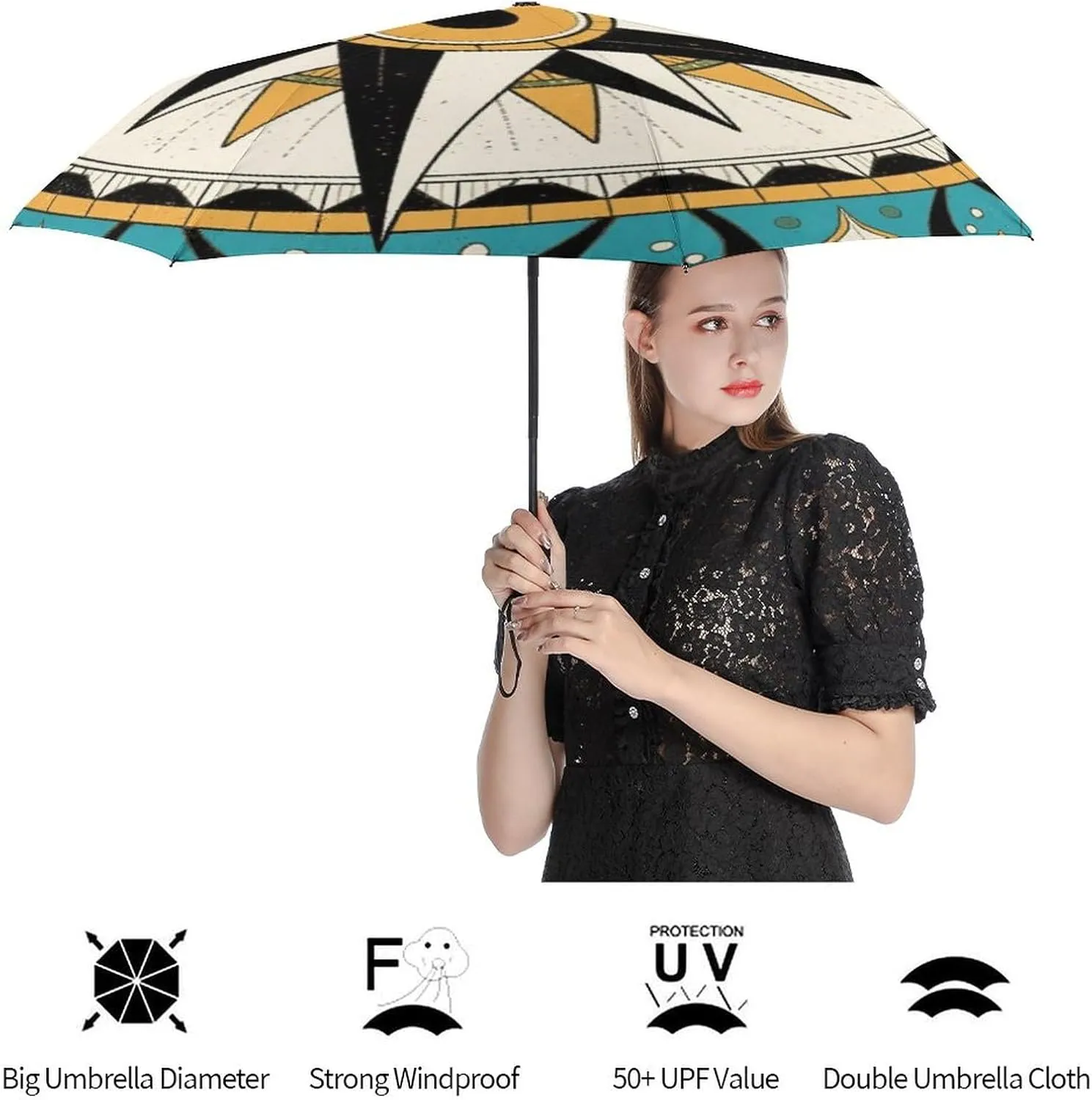 Vintage Compass Art Travel Sun & Rain Windproof Umbrella, Lightweight Portable Compact Travel Auto Folding Umbrella Golf Umbrellas for Women Men