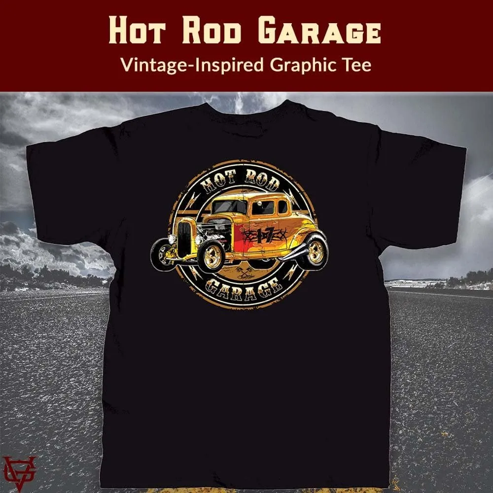 Vintage Goods Apparel Mens Graphic T-Shirt, Hot Rod Garage - Throwback Muscle Car Tee, Gift for Antique Car Lovers, Mechanics