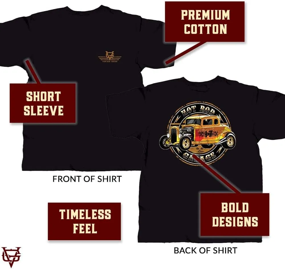 Vintage Goods Apparel Mens Graphic T-Shirt, Hot Rod Garage - Throwback Muscle Car Tee, Gift for Antique Car Lovers, Mechanics