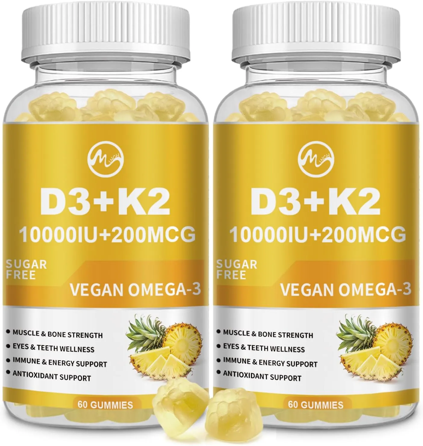 Vitamin D3 K2 Gummies, Vitamin D3 10000IU, K2 (MK-7) 200mcg, Sugar Free K2 D3 Vitamin Supplement, D3 K2 Magnesium with Omega-3, Calcium, Zinc for Teeth, Bones & Immune Support, 2 Packs