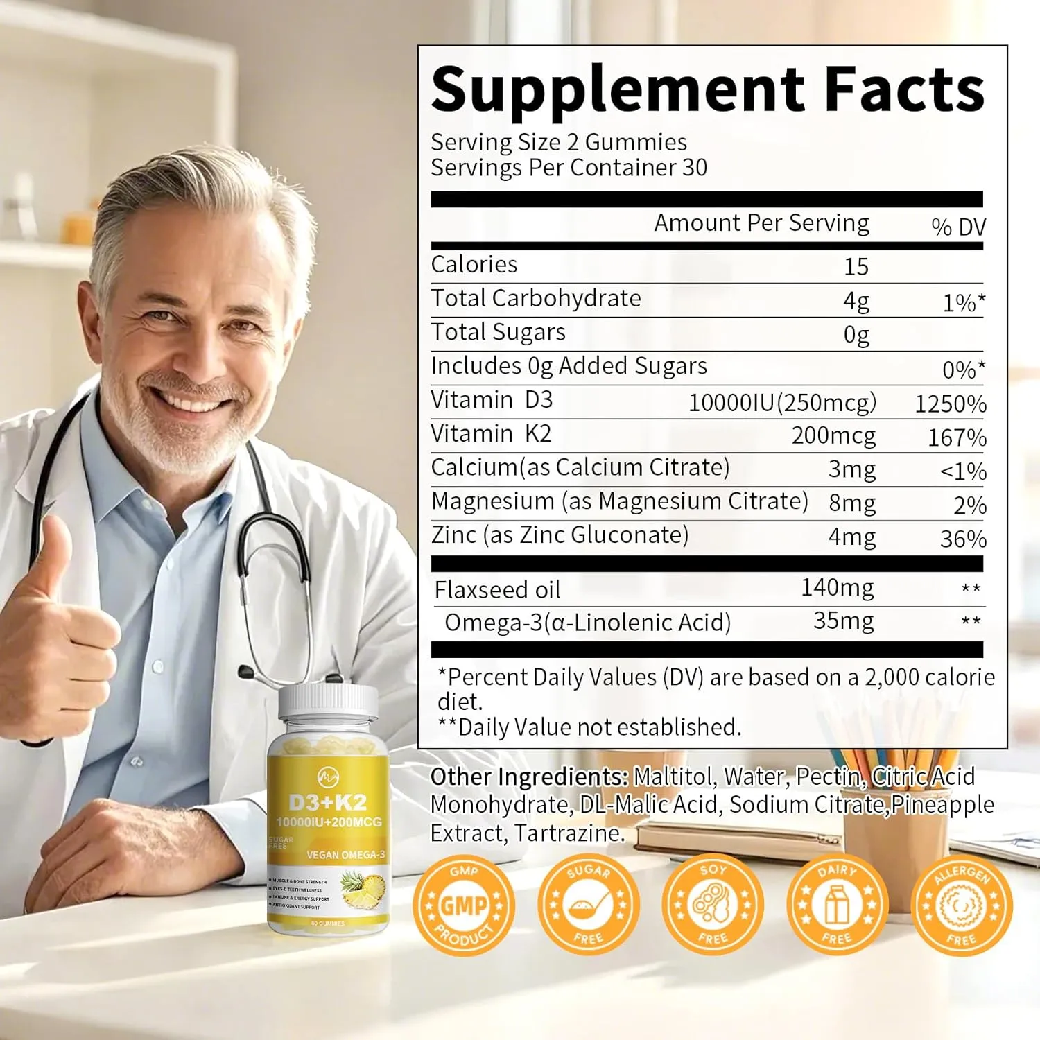 Vitamin D3 K2 Gummies, Vitamin D3 10000IU, K2 (MK-7) 200mcg, Sugar Free K2 D3 Vitamin Supplement, D3 K2 Magnesium with Omega-3, Calcium, Zinc for Teeth, Bones & Immune Support, 2 Packs