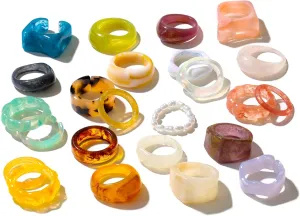 Viva Joya Resin Acrylic Plastic Knuckle Rings for Women, Chunky Trendy Colorful Stackable Jewelry, Statement Dome Thick Rings, Bulk Set