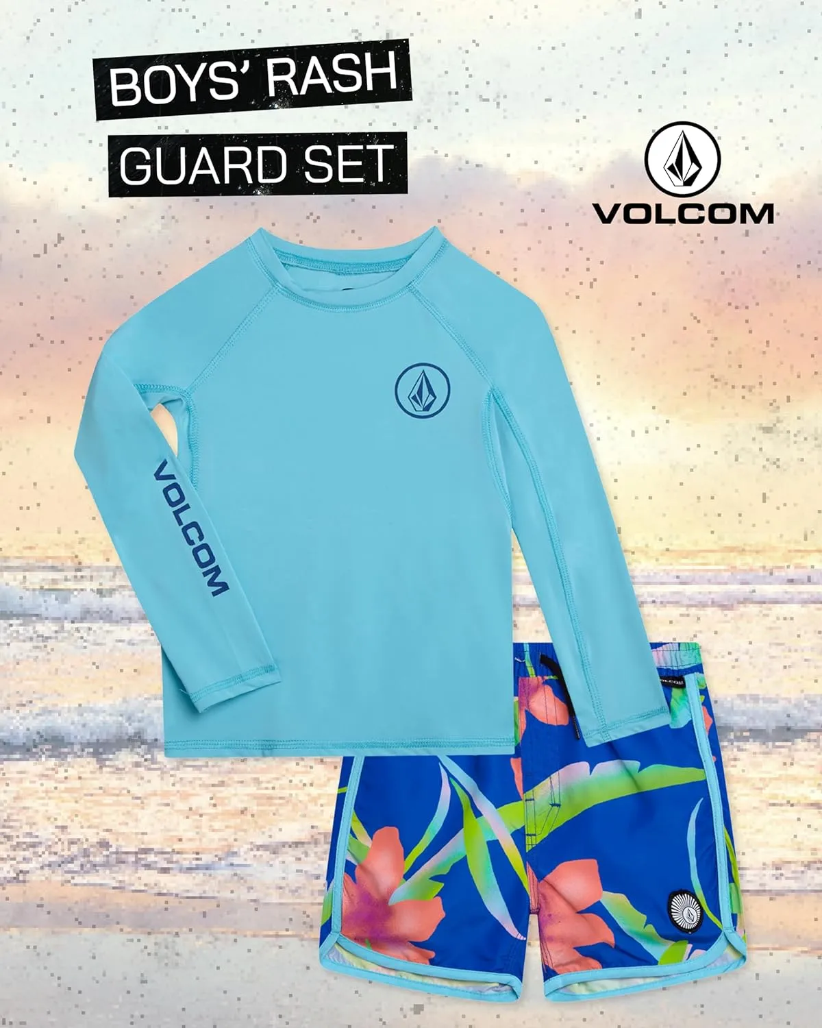 Volcom Boys' Rash Guard Set - 2 Piece UPF 50  Long Sleeve Swim Shirt and Trunks - Swimwear for Toddler Boys (Sizes: 2T-7)