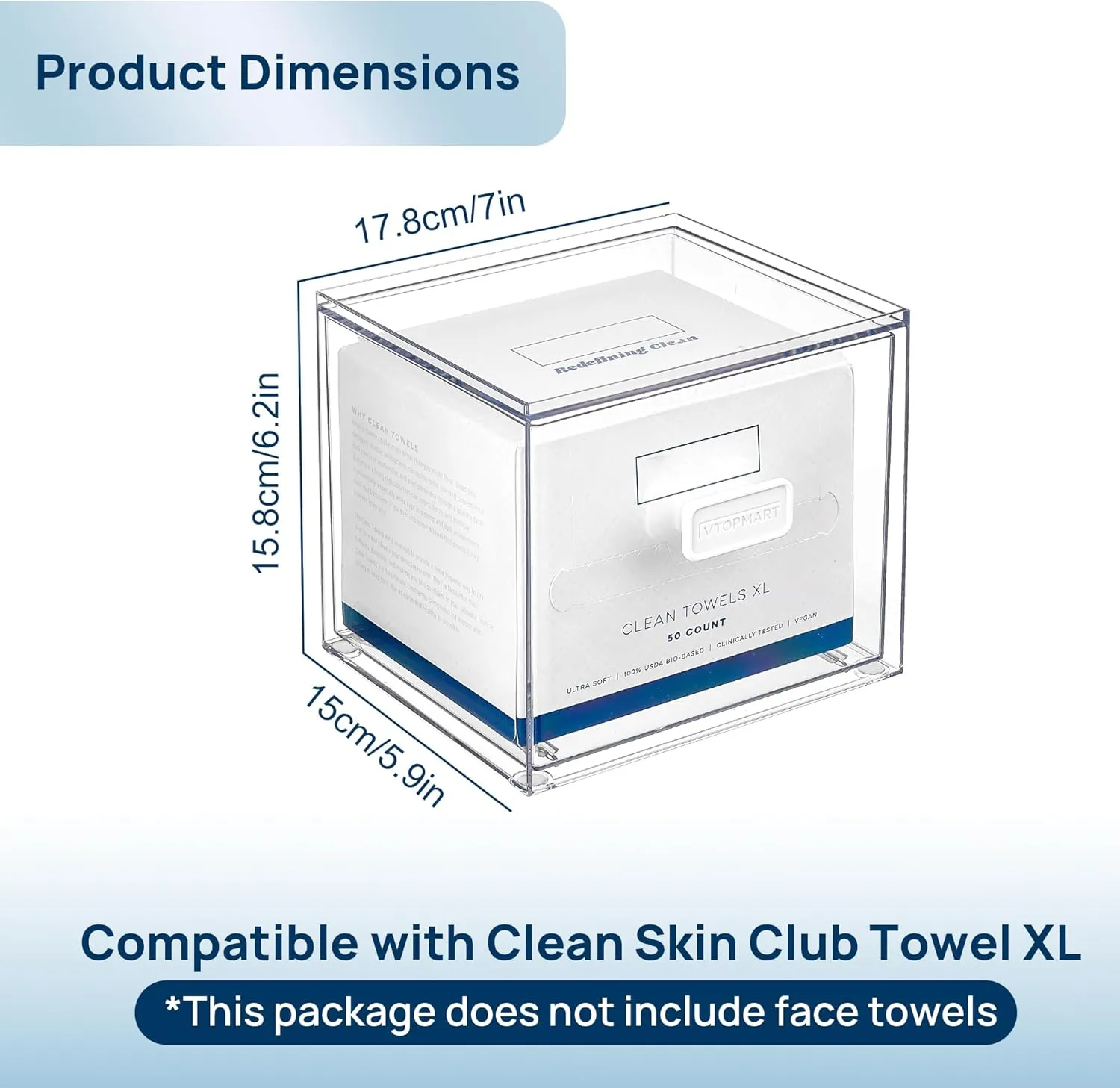 Vtopmart Disposable Facial Towels Storage Drawer Compatible with Clean Skin Club Towel XL,Acrylic Box Hold 50 Count,Stylish and Functional Bathroom Accessory for Coutertop Organization