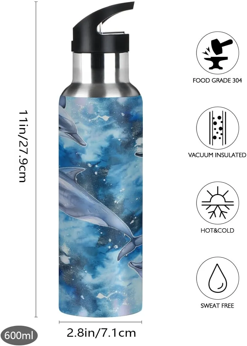 Water Bottle Stainless Steel, Watercolor Whale Insulated Sports Bottle with Straw, BPA Free Reusable Bottles for Fitness, Travel & Outdoor Activities