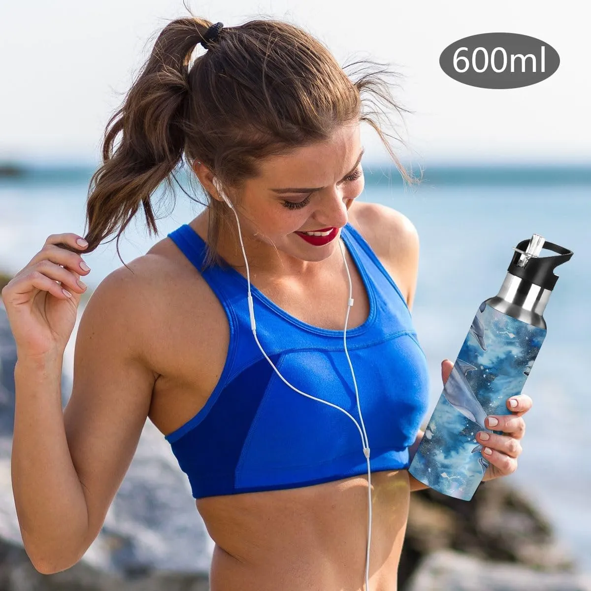 Water Bottle Stainless Steel, Watercolor Whale Insulated Sports Bottle with Straw, BPA Free Reusable Bottles for Fitness, Travel & Outdoor Activities