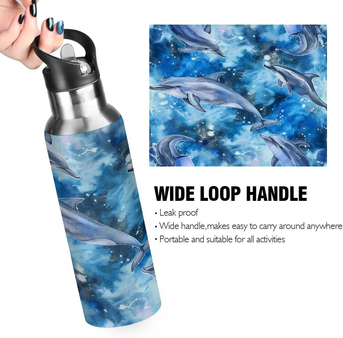 Water Bottle Stainless Steel, Watercolor Whale Insulated Sports Bottle with Straw, BPA Free Reusable Bottles for Fitness, Travel & Outdoor Activities