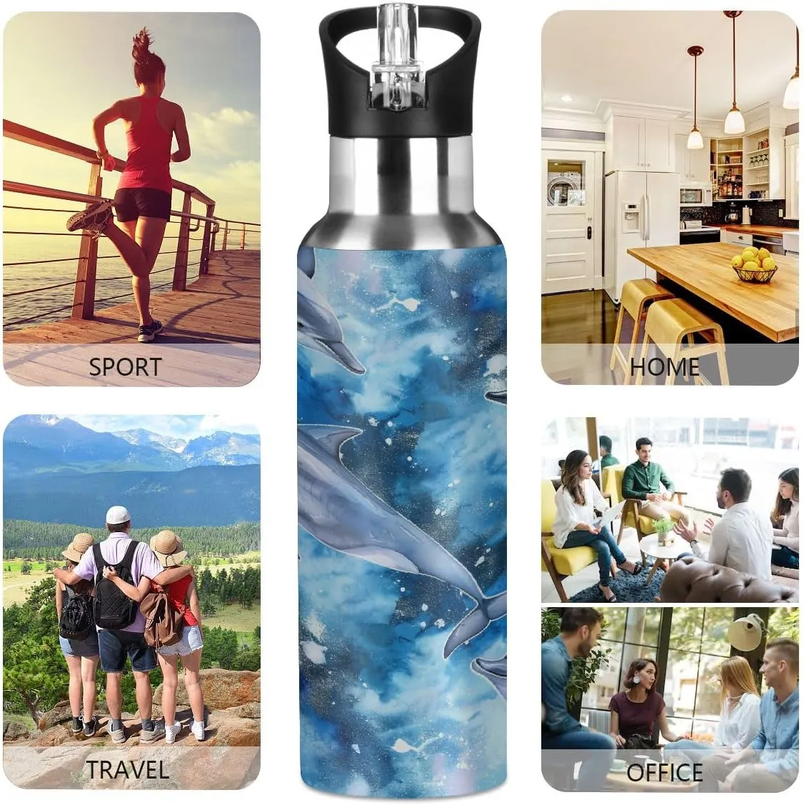 Water Bottle Stainless Steel, Watercolor Whale Insulated Sports Bottle with Straw, BPA Free Reusable Bottles for Fitness, Travel & Outdoor Activities