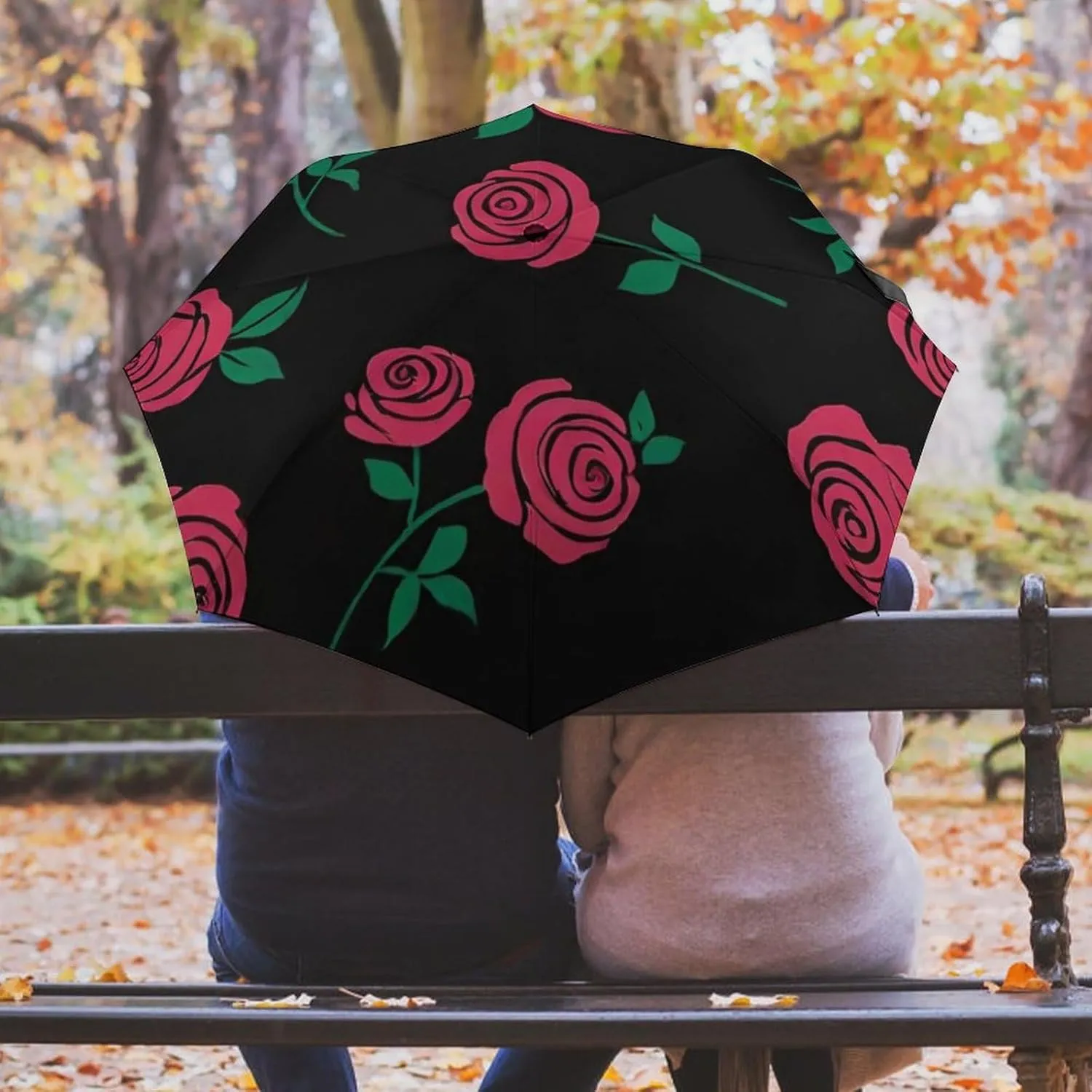Water Repellent Travel Auto Folding Umbrella for Kids Women Men, Golf Umbrellas Reinforced Canopy 8 Ribs, Auto Open & Close, Red Rose Art Rain & Wind Parasol