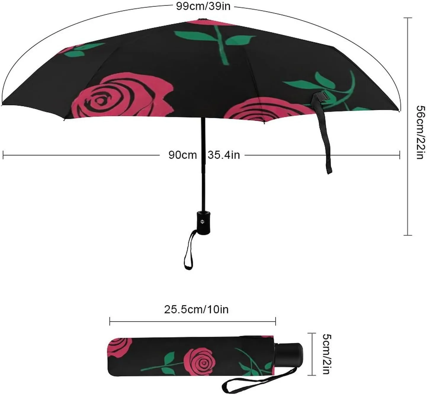 Water Repellent Travel Auto Folding Umbrella for Kids Women Men, Golf Umbrellas Reinforced Canopy 8 Ribs, Auto Open & Close, Red Rose Art Rain & Wind Parasol