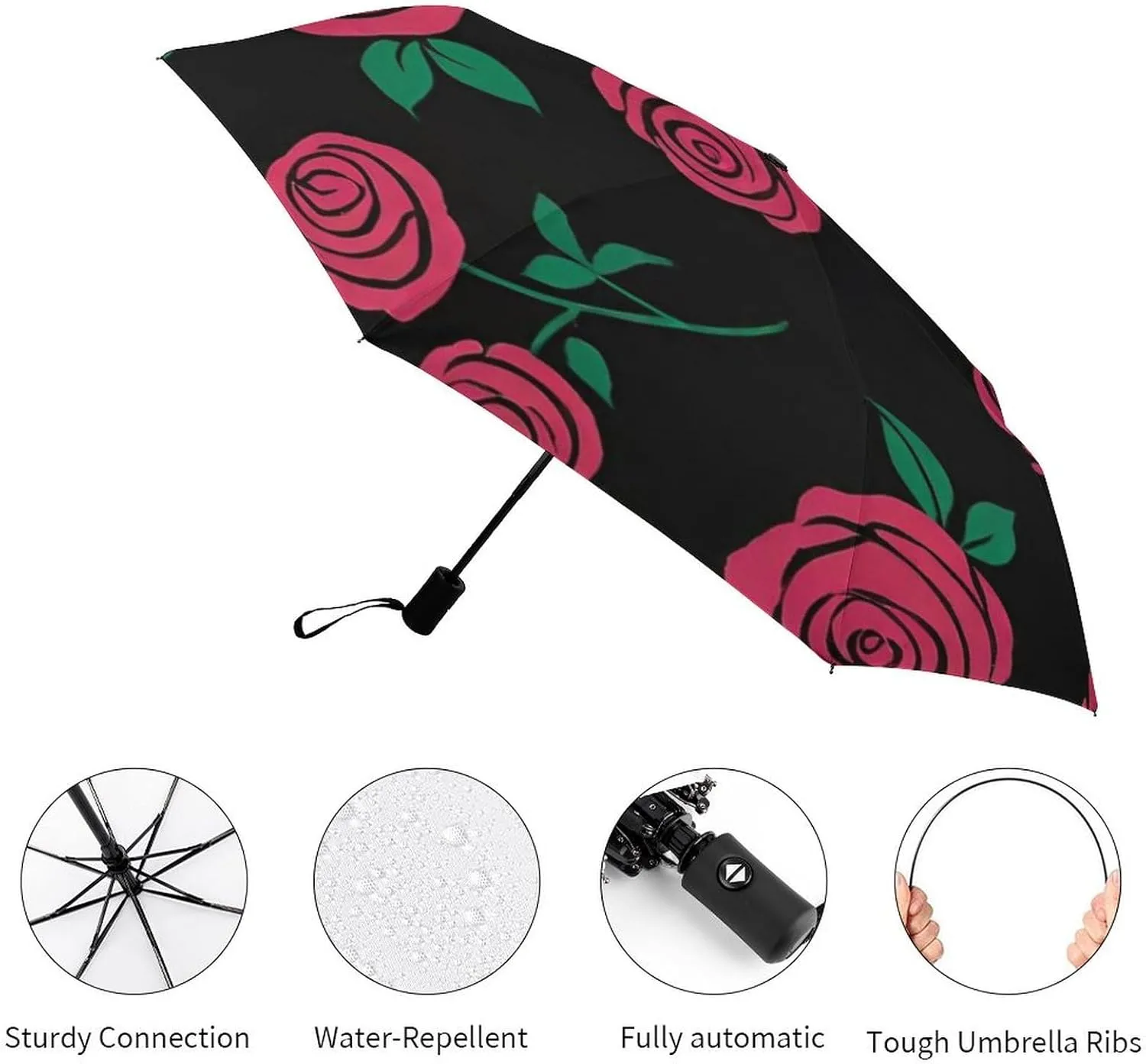 Water Repellent Travel Auto Folding Umbrella for Kids Women Men, Golf Umbrellas Reinforced Canopy 8 Ribs, Auto Open & Close, Red Rose Art Rain & Wind Parasol
