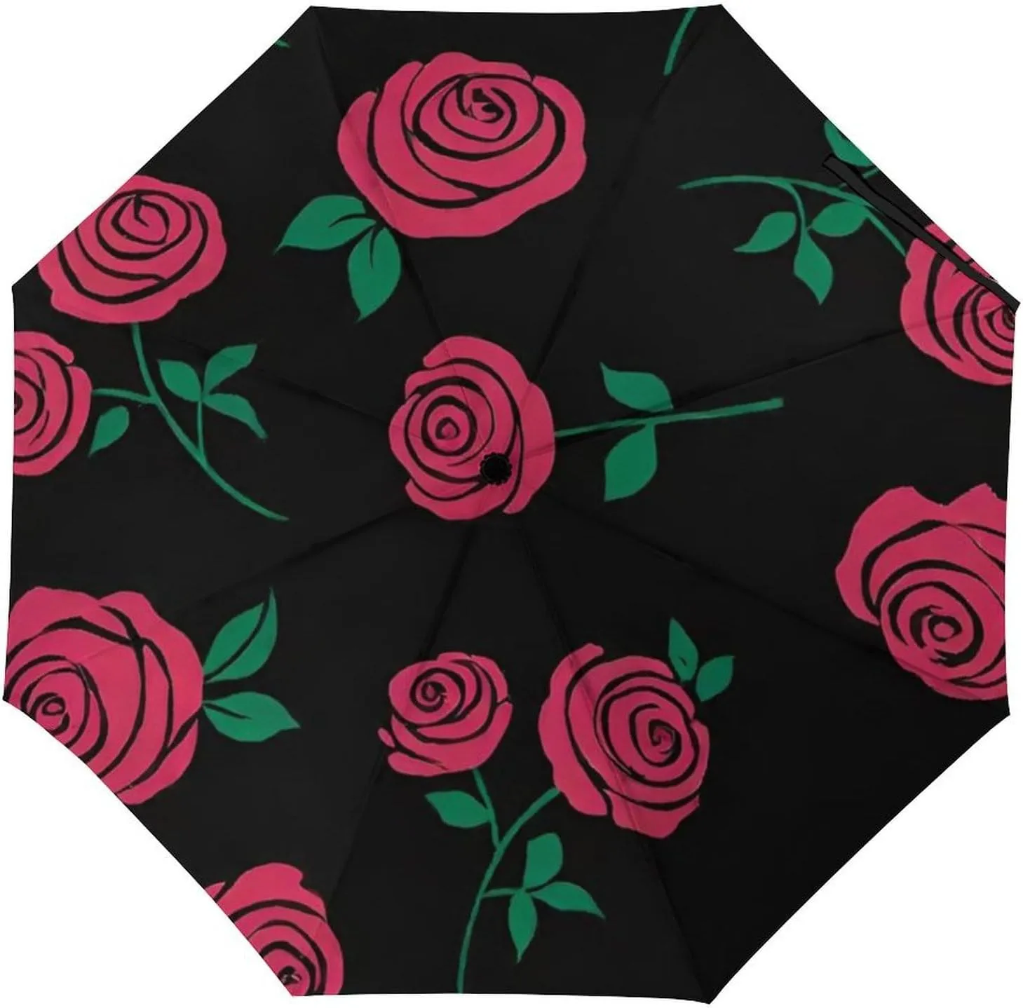 Water Repellent Travel Auto Folding Umbrella for Kids Women Men, Golf Umbrellas Reinforced Canopy 8 Ribs, Auto Open & Close, Red Rose Art Rain & Wind Parasol
