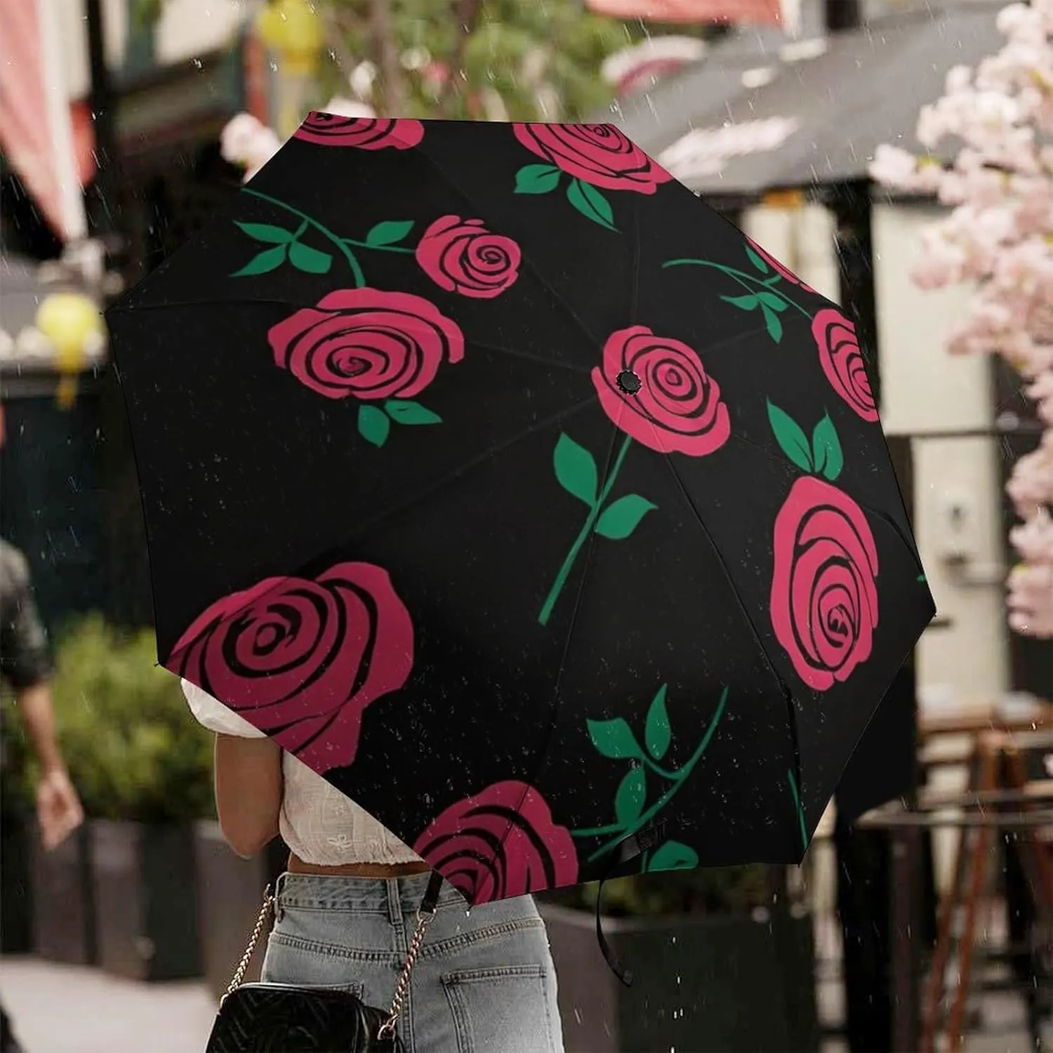 Water Repellent Travel Auto Folding Umbrella for Kids Women Men, Golf Umbrellas Reinforced Canopy 8 Ribs, Auto Open & Close, Red Rose Art Rain & Wind Parasol