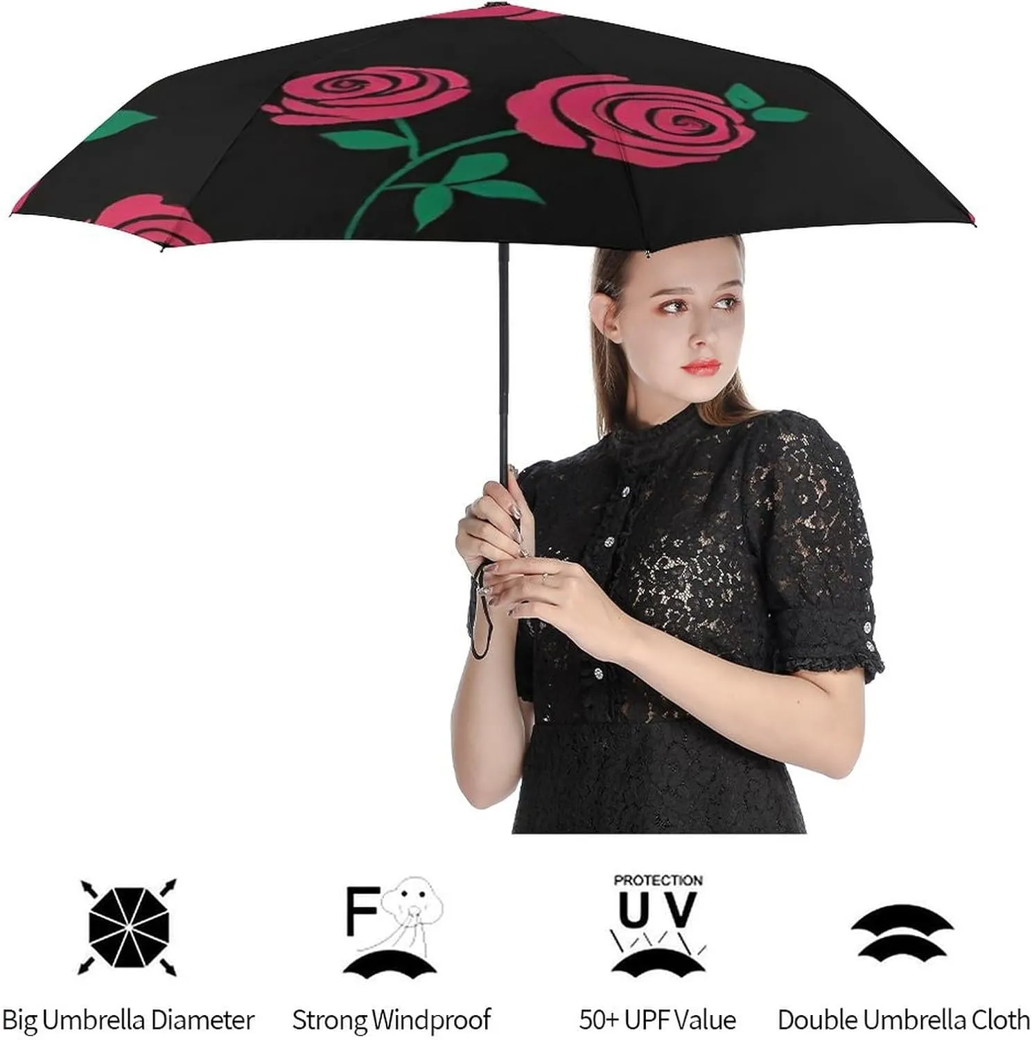 Water Repellent Travel Auto Folding Umbrella for Kids Women Men, Golf Umbrellas Reinforced Canopy 8 Ribs, Auto Open & Close, Red Rose Art Rain & Wind Parasol