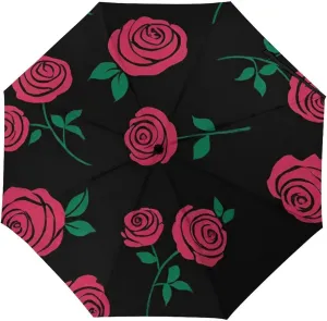 Water Repellent Travel Auto Folding Umbrella for Kids Women Men, Golf Umbrellas Reinforced Canopy 8 Ribs, Auto Open & Close, Red Rose Art Rain & Wind Parasol