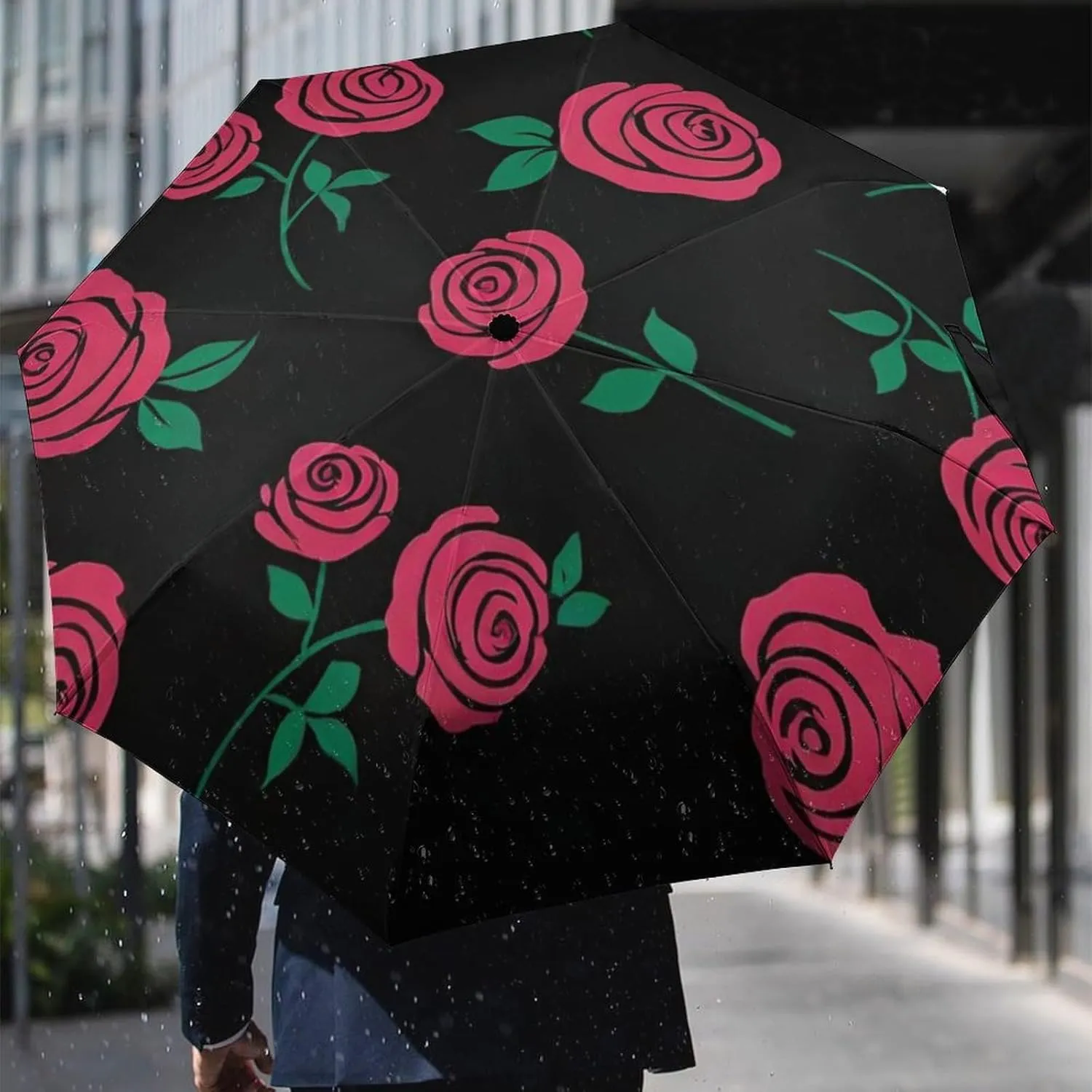 Water Repellent Travel Auto Folding Umbrella for Kids Women Men, Golf Umbrellas Reinforced Canopy 8 Ribs, Auto Open & Close, Red Rose Art Rain & Wind Parasol