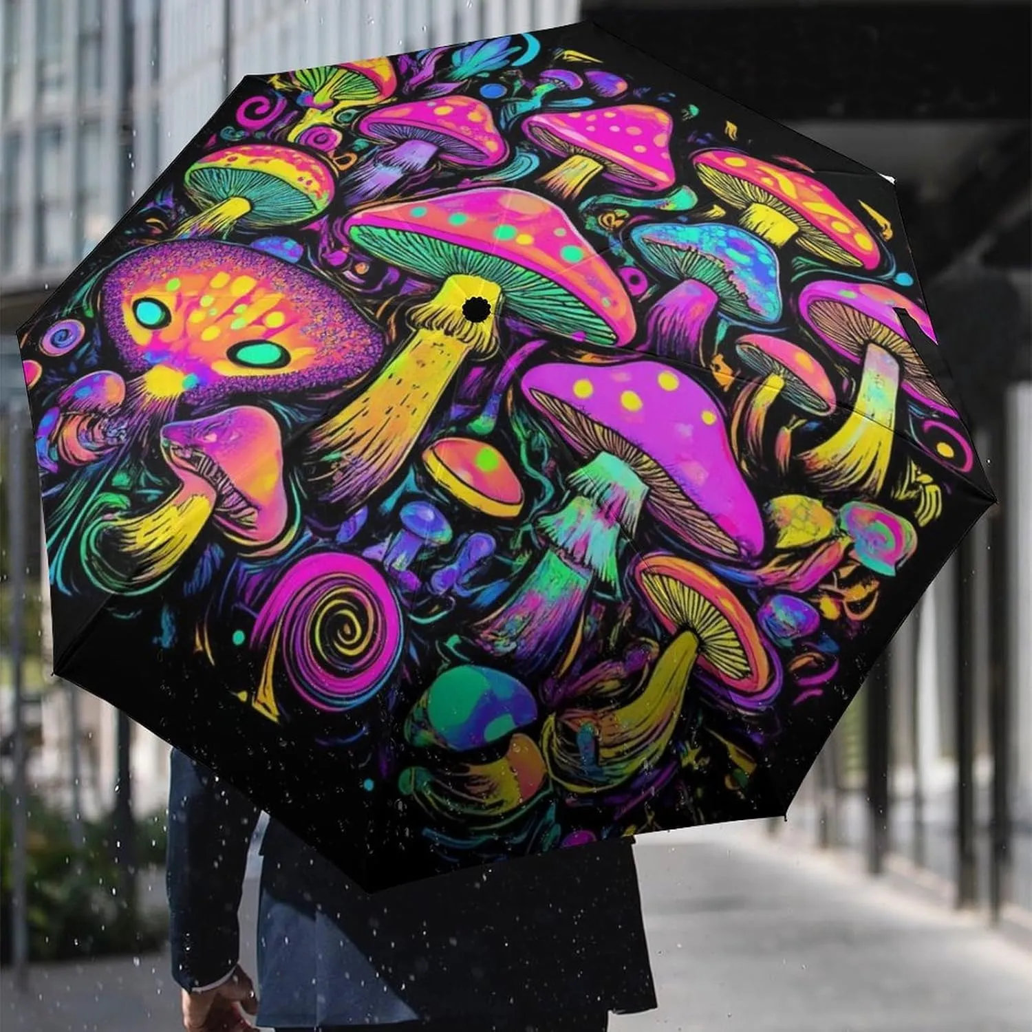 Water Repellent Travel Umbrella for Women Men Kids, Outdoor Umbrellas with Ergonomic Handle, Auto Open/Close, Trippy Mushrooms Art Sun Protection Umbrellas