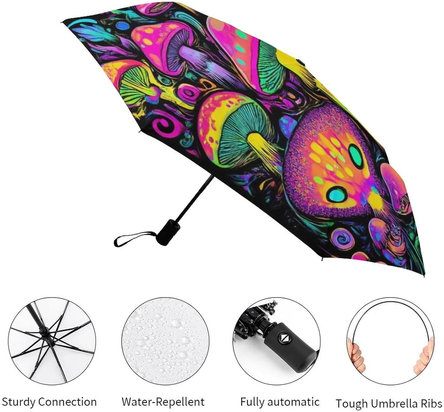 Water Repellent Travel Umbrella for Women Men Kids, Outdoor Umbrellas with Ergonomic Handle, Auto Open/Close, Trippy Mushrooms Art Sun Protection Umbrellas