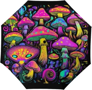 Water Repellent Travel Umbrella for Women Men Kids, Outdoor Umbrellas with Ergonomic Handle, Auto Open/Close, Trippy Mushrooms Art Sun Protection Umbrellas